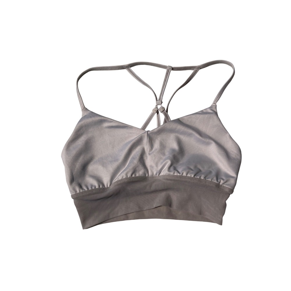 Alo Yoga Sunny Strappy Sports Bra Gray Silver Metallic V-Neck XS RN87370